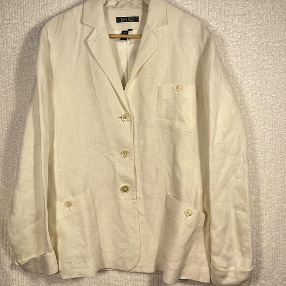 Lauren Ralph Lauren Cream Pockets Three Button Tweed Blazer Jacket Size 12 - Picture 1 of 11